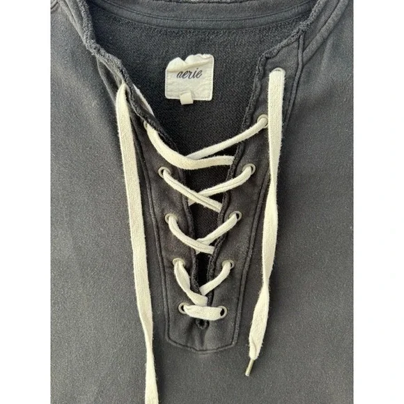 Aerie MED Oversized Sweatshirt Laced Neck Black Relaxed Fit Sporty Lounge‎ Comfy - Picture 3 of 11